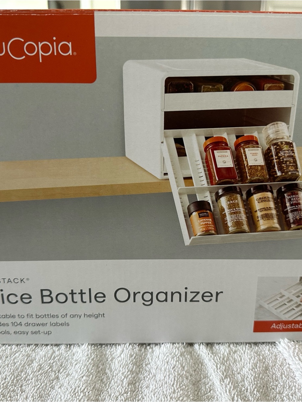 CopiA White Adjustable Spice Bottle Organizer - Tiered Drawer Storage